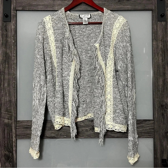 Mary McFadden Tweed Open Front Cardigan Lace Trim & Fringe Details Women's L - Picture 2 of 10